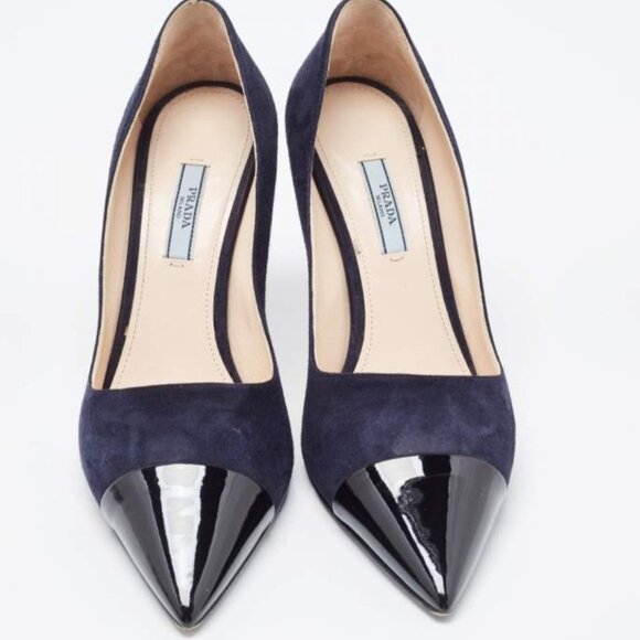 Prada Navy Blue/Black Suede and Patent Leather Pointed Toe Pumps Size 36 (6.5US) - Picture 1 of 6